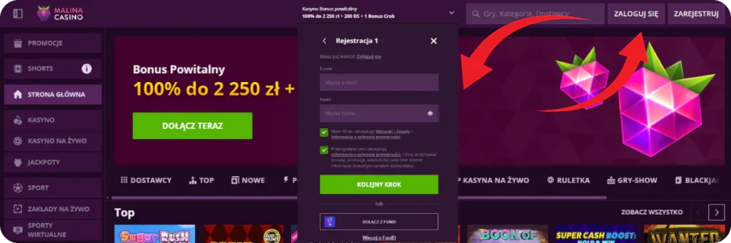 Wypełnij formularz rejestracyjny dla Malinacasino