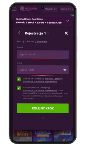 Krok 1 rejestracji Malina
