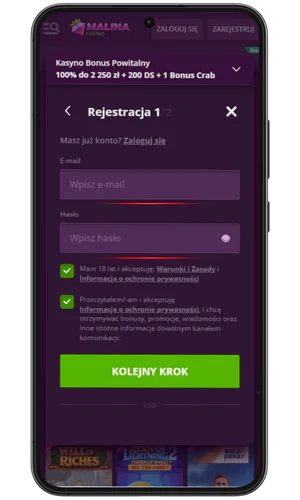 Krok 1 rejestracji Malina